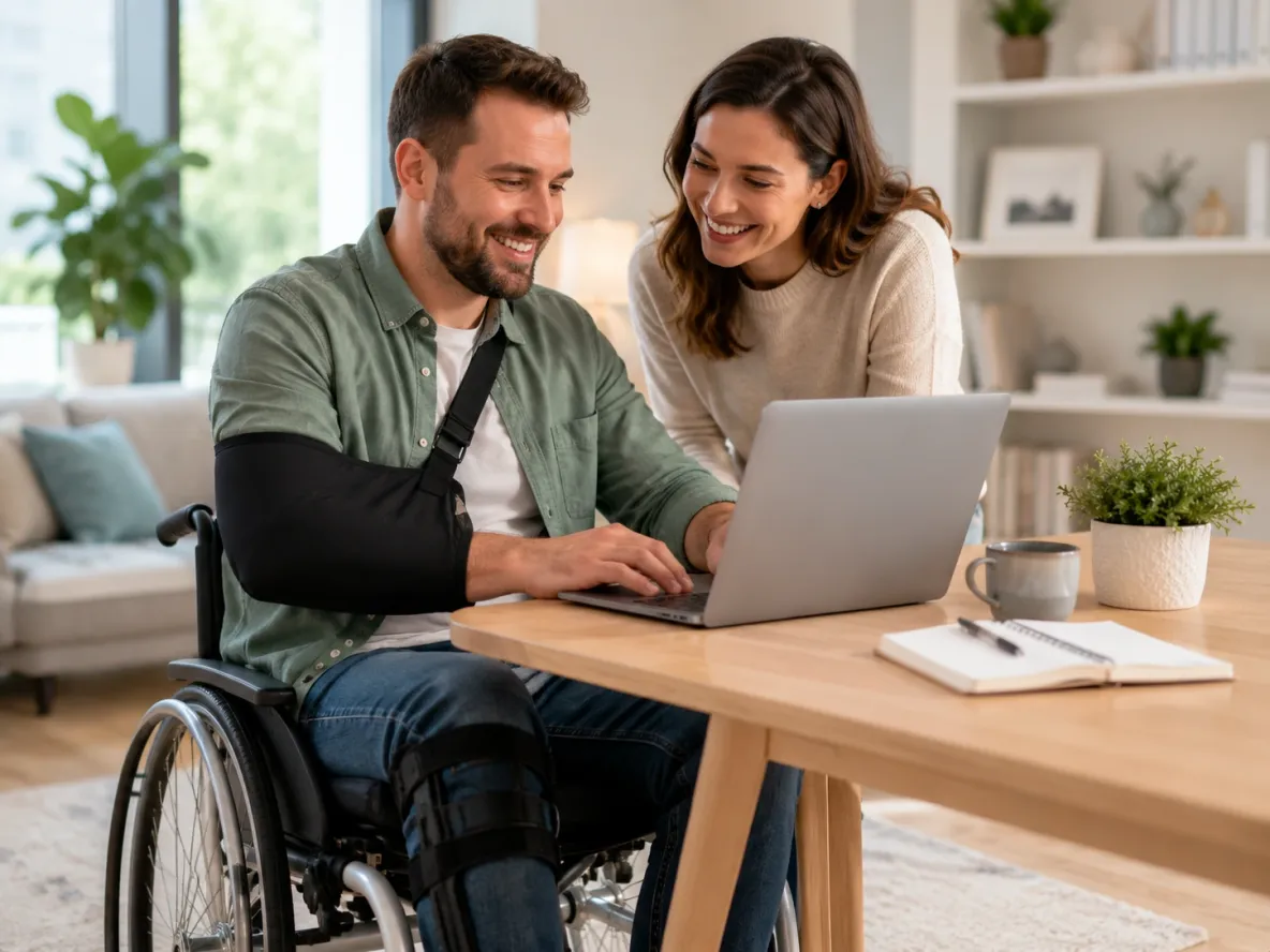 Person recovering from an injury reviewing coverage at home