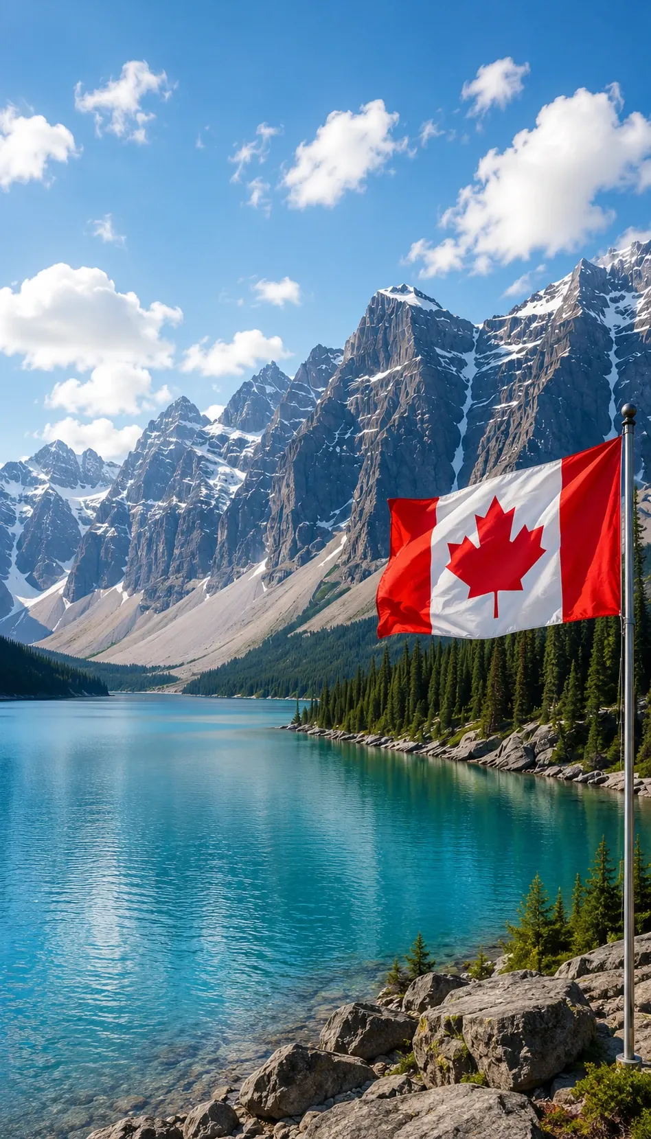 Canadian flag and lake scene for visitor insurance planning