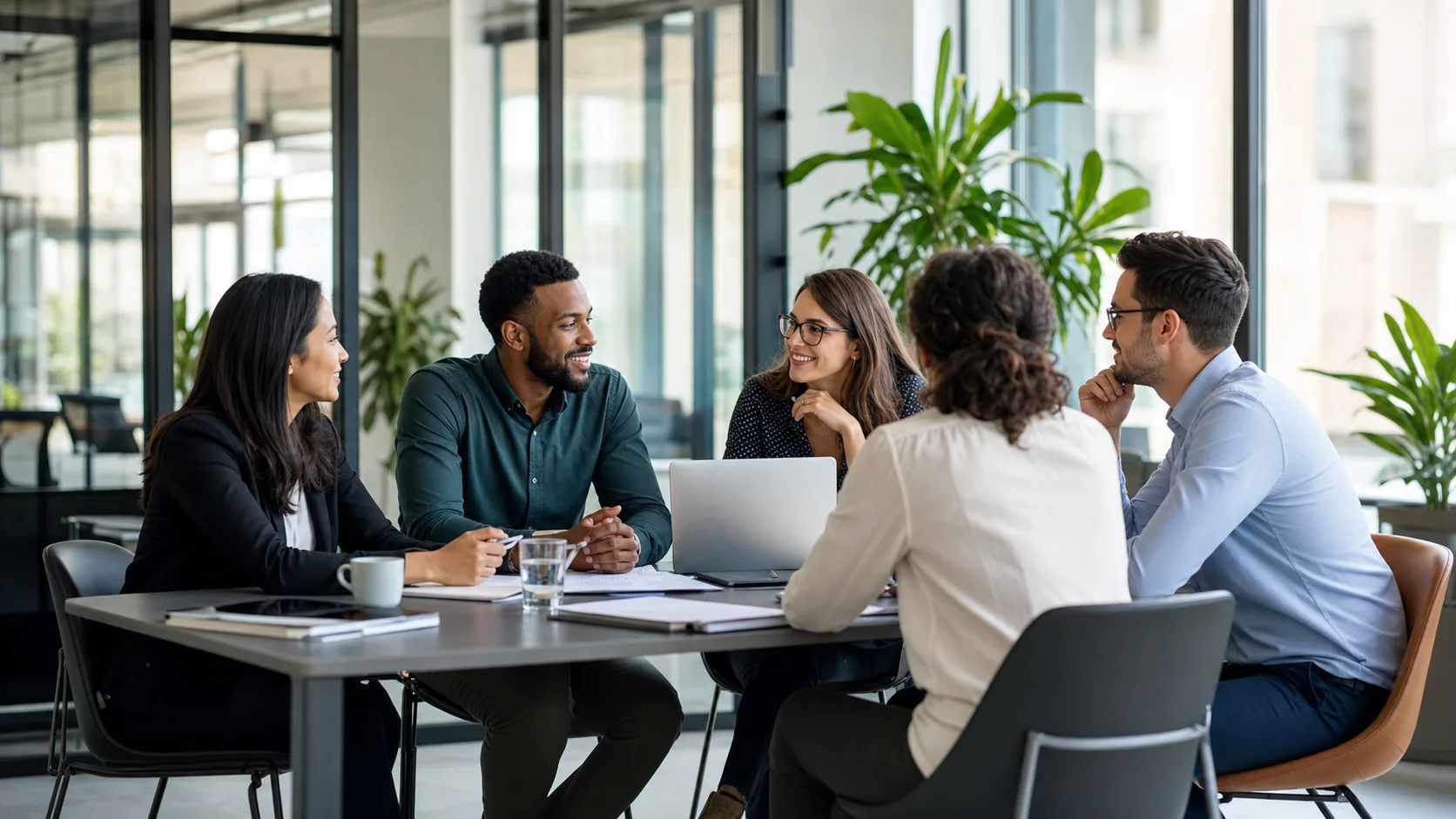Small business team reviewing employee group benefits in a modern office